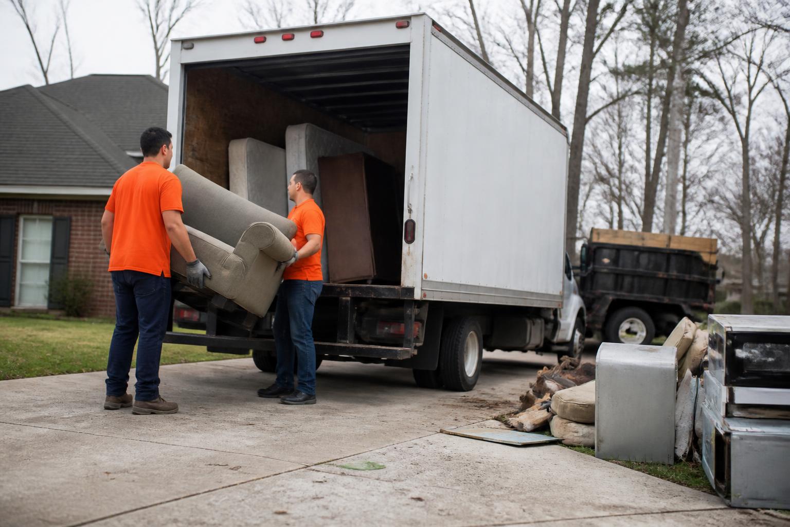 Straight Junk Removal crew in orange polos loading old furniture into a removal truck